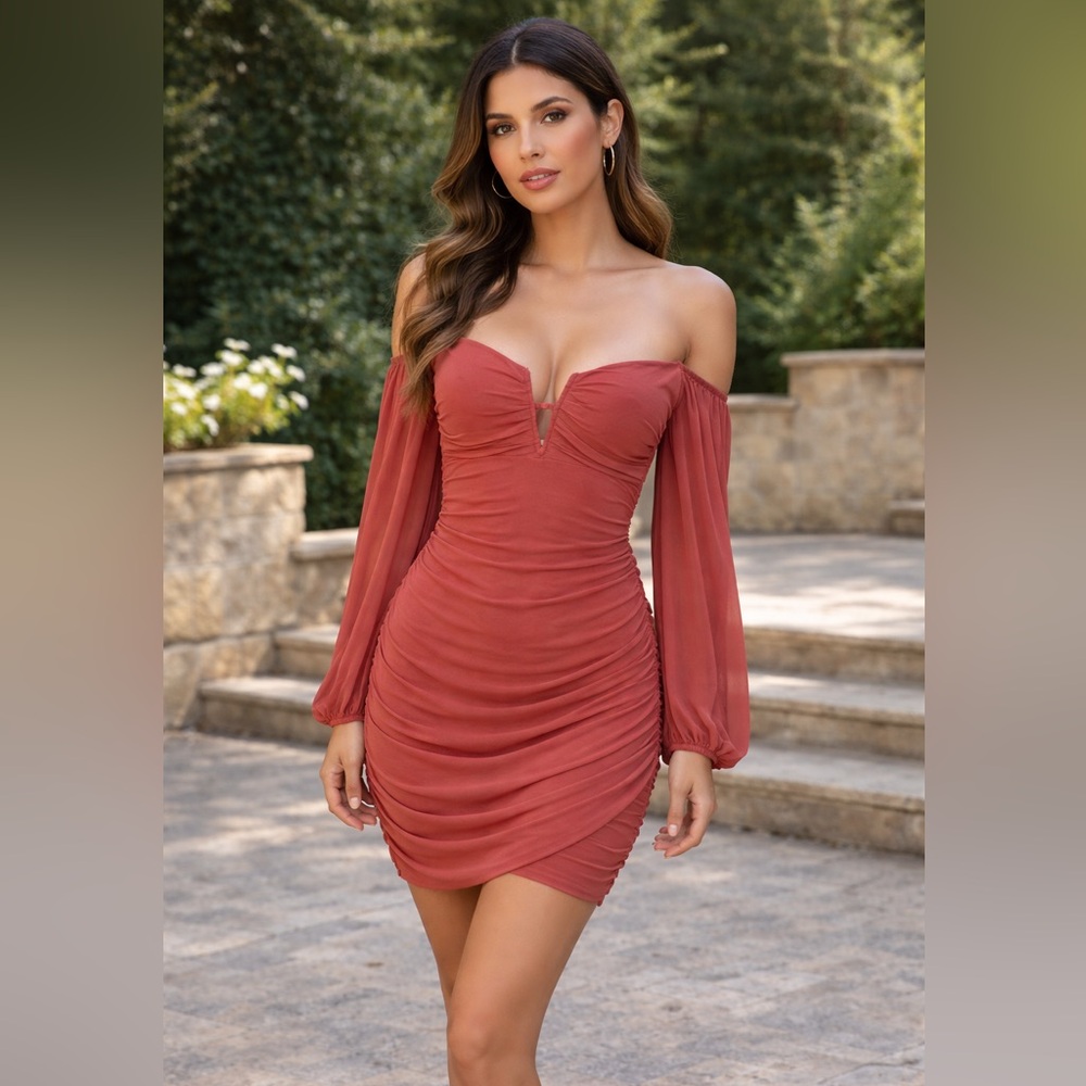 Elegant Off-Shoulder Rust Dress